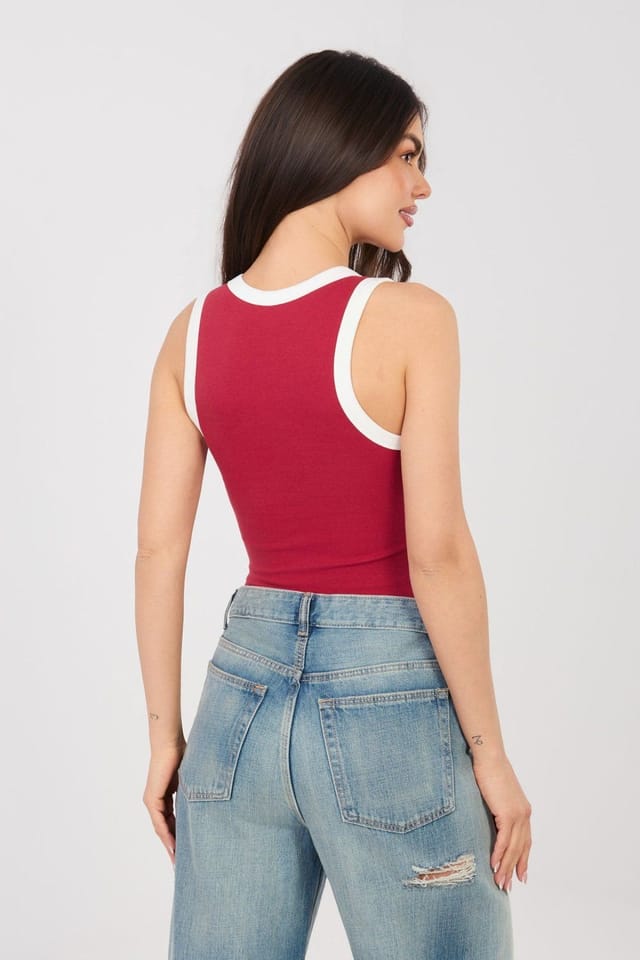 Love Lace Love Lace Women's Cotton Elastane Tank Top with Contrast Trim in Red - 3