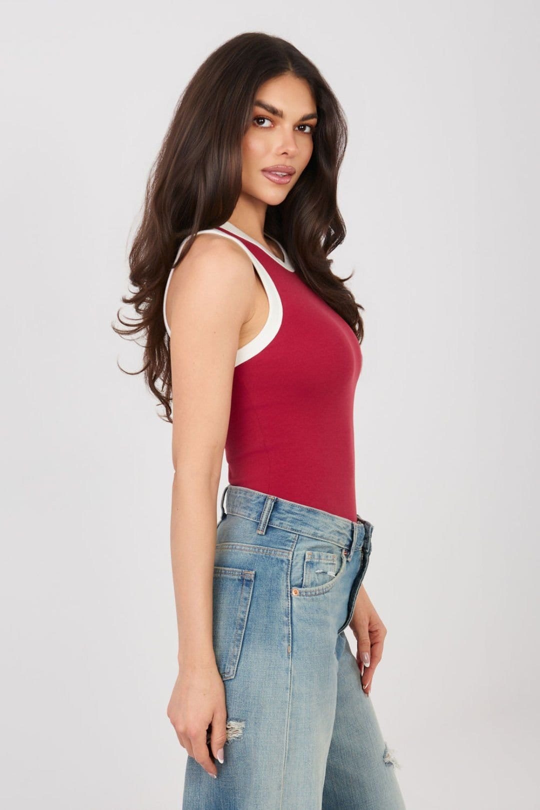 Love Lace Love Lace Women's Cotton Elastane Tank Top with Contrast Trim in Red - 4