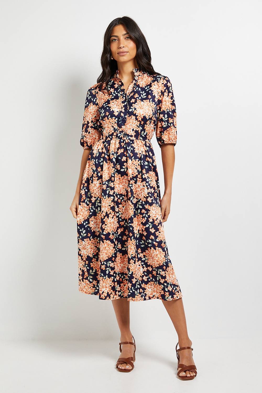 Wallis Wallis Women's Floral Puff Sleeve Pintuck Midi Dress in Navy - 2