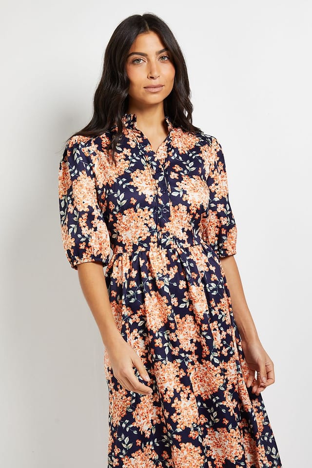 Wallis Wallis Women's Floral Puff Sleeve Pintuck Midi Dress in Navy - 2