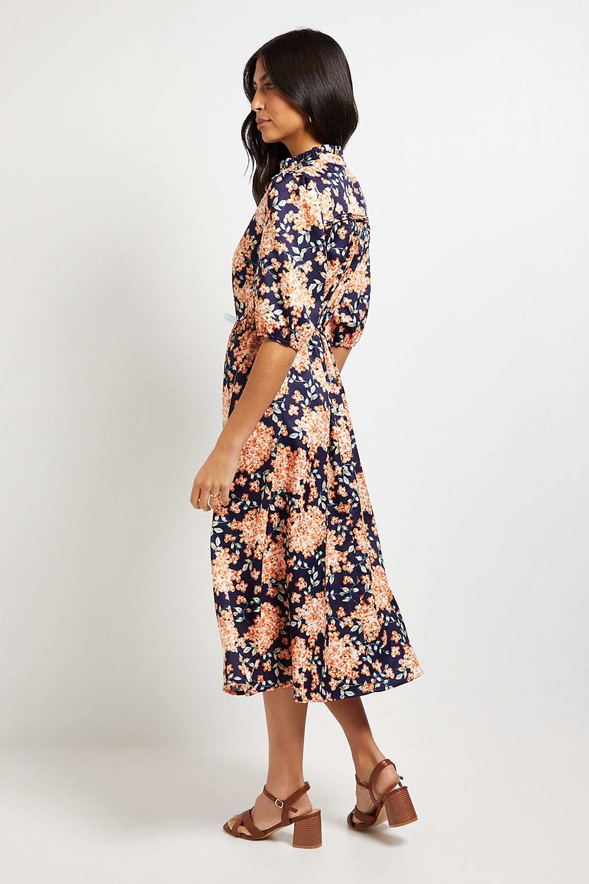 Wallis Wallis Women's Floral Puff Sleeve Pintuck Midi Dress in Navy - 3