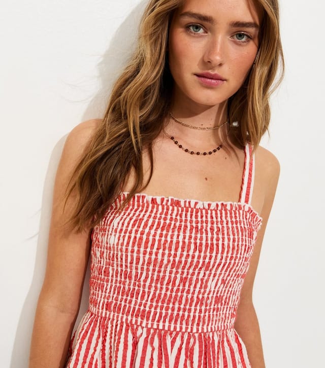 New Look Women's Red Cotton Striped Seersucker Shirred Cami Top New Look - 2