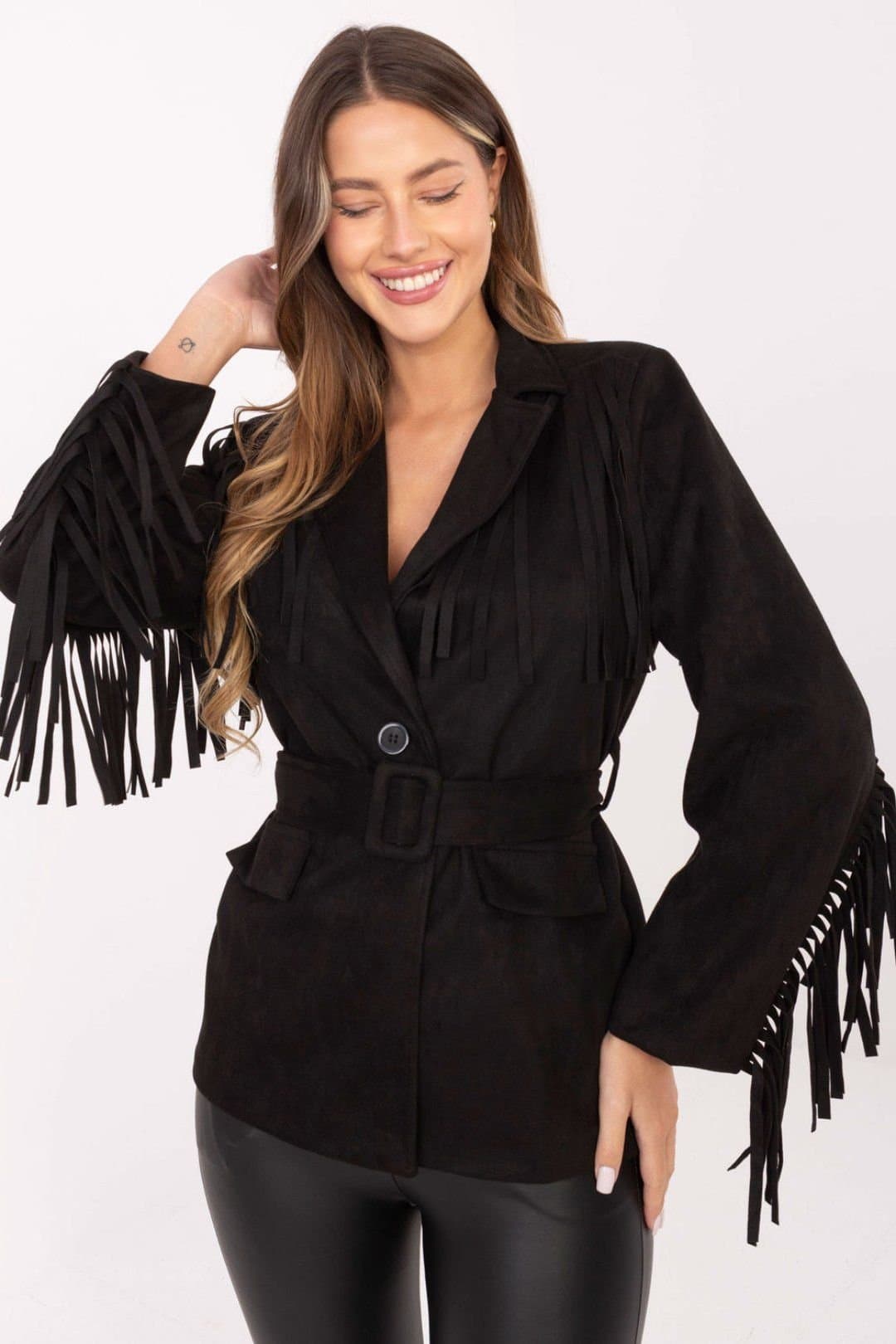 Love Lace Love Lace Women's Suede Effect Boho Blazer With Fringe Belt in Black