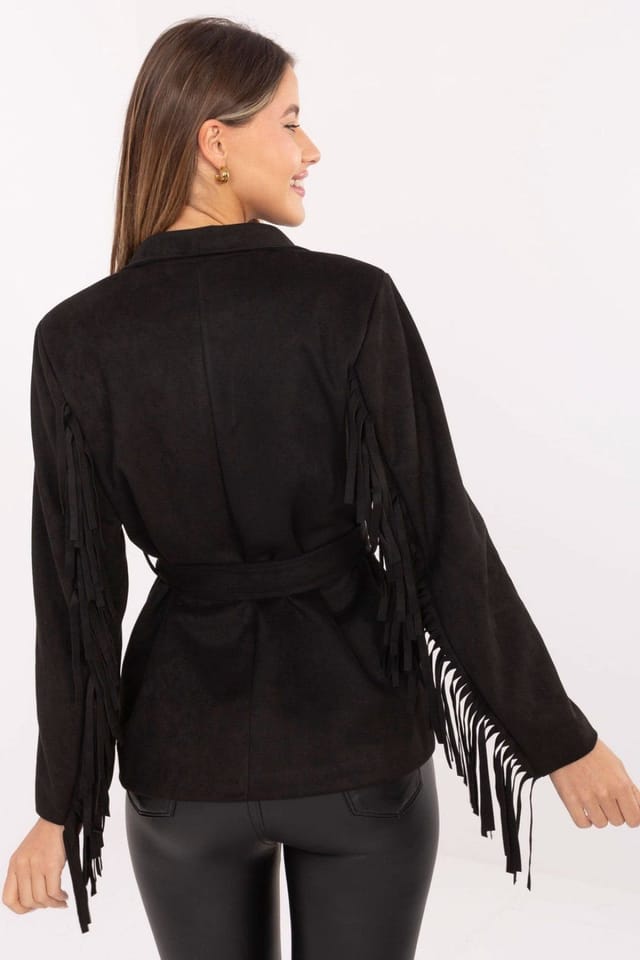 Love Lace Love Lace Women's Suede Effect Boho Blazer With Fringe Belt in Black - 3