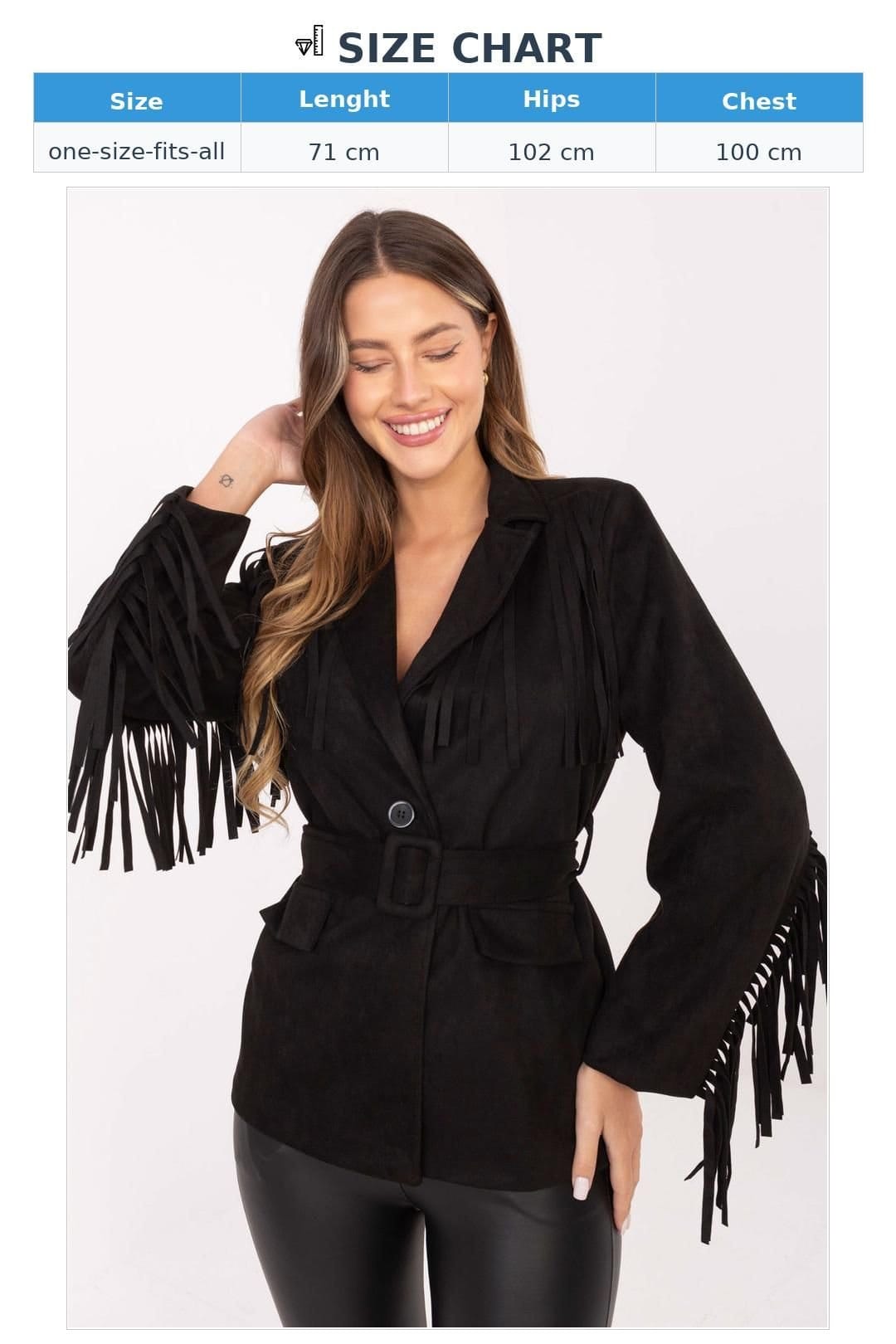 Love Lace Love Lace Women's Suede Effect Boho Blazer With Fringe Belt in Black - 4