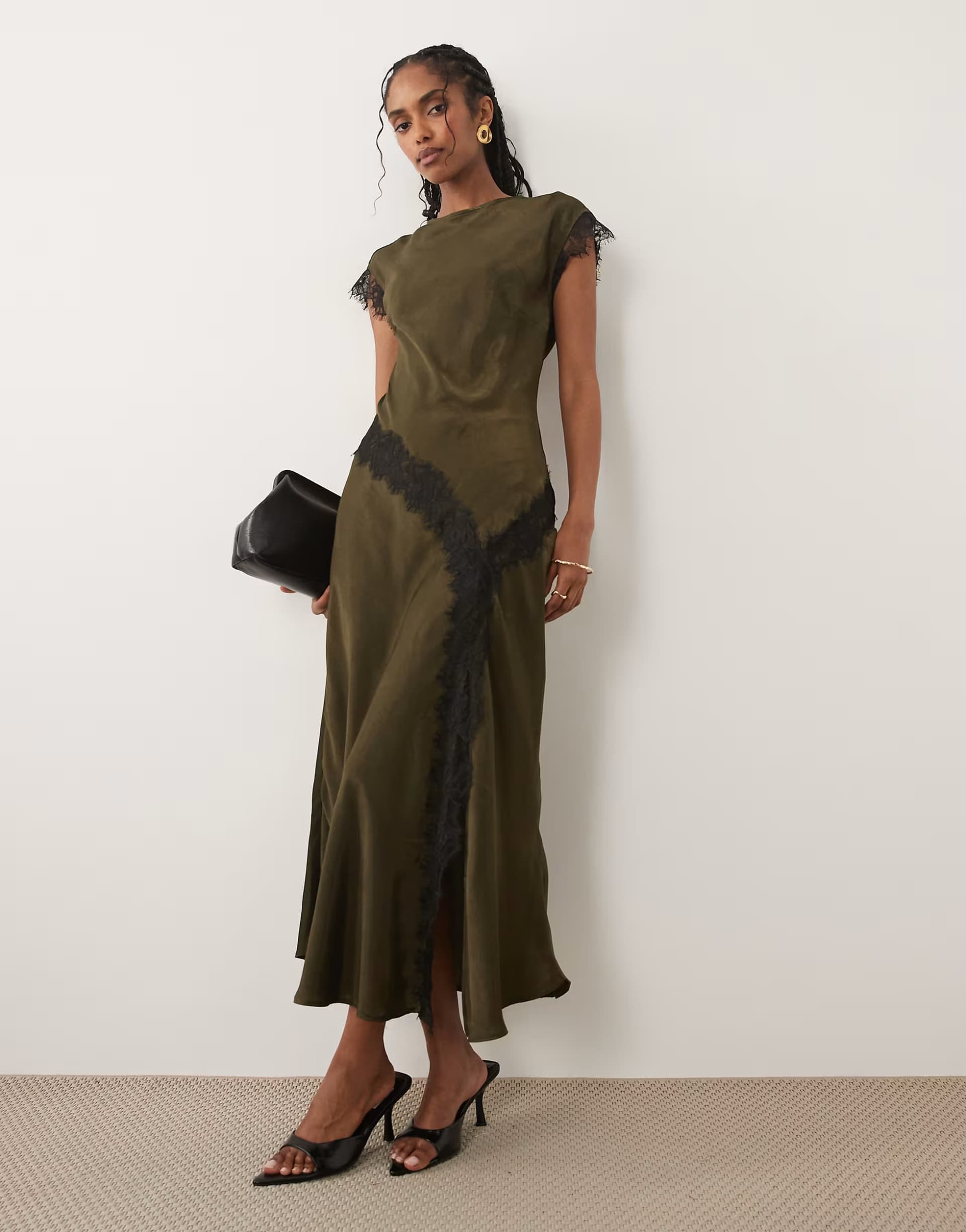 ASOS New Look lace trim satin midi dress in dark khaki