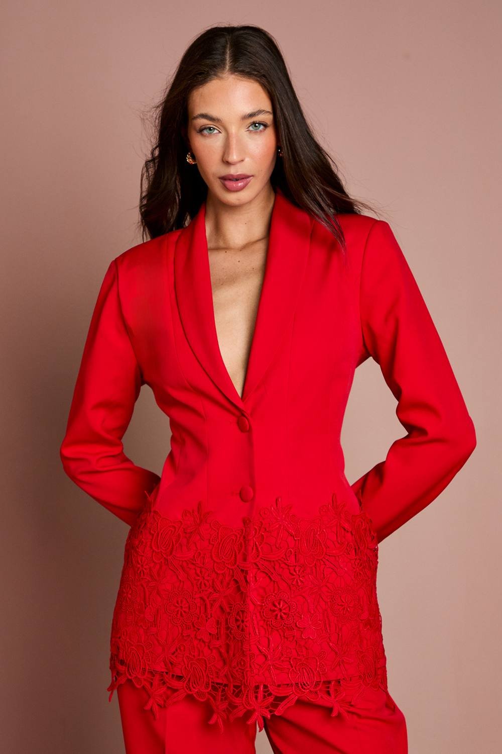 Coast Coast Women's Single Breasted Lace Trim Fitted Blazer in Red - 2