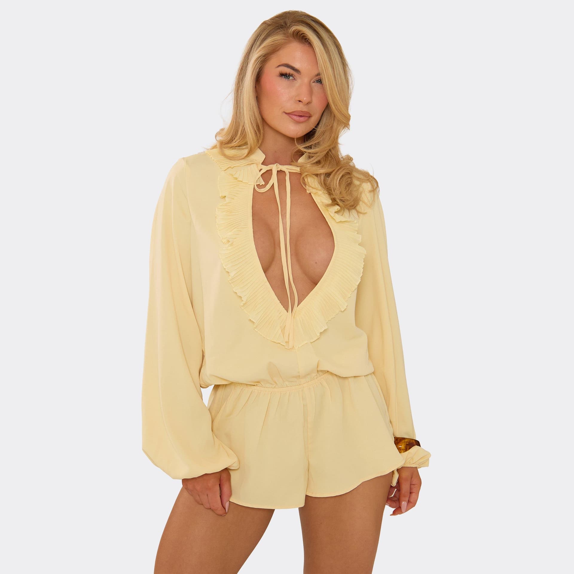 EGO Long Sleeve Plunge Frill Detail Front Floaty Blouson Playsuit In Lemon, Women's Size UK 6