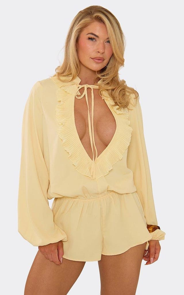 EGO Long Sleeve Plunge Frill Detail Front Floaty Blouson Playsuit In Lemon, Women's Size UK 6 - 2