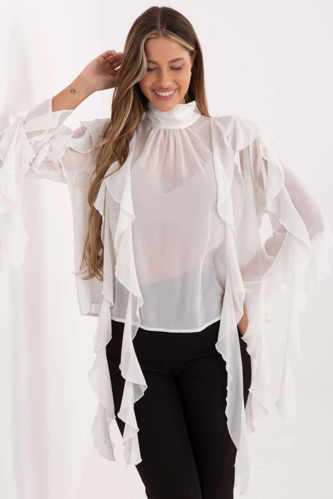 Love Lace White Viscose Polyester Turtleneck Blouse