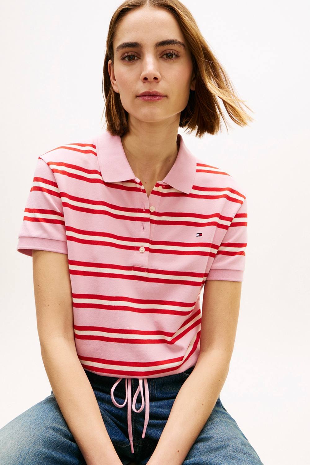 Tommy Hilfiger Tommy Hilfiger Women's Multistripe Modern Ss Polo Preppy Stripe Bonita Pink Fireworks - 2