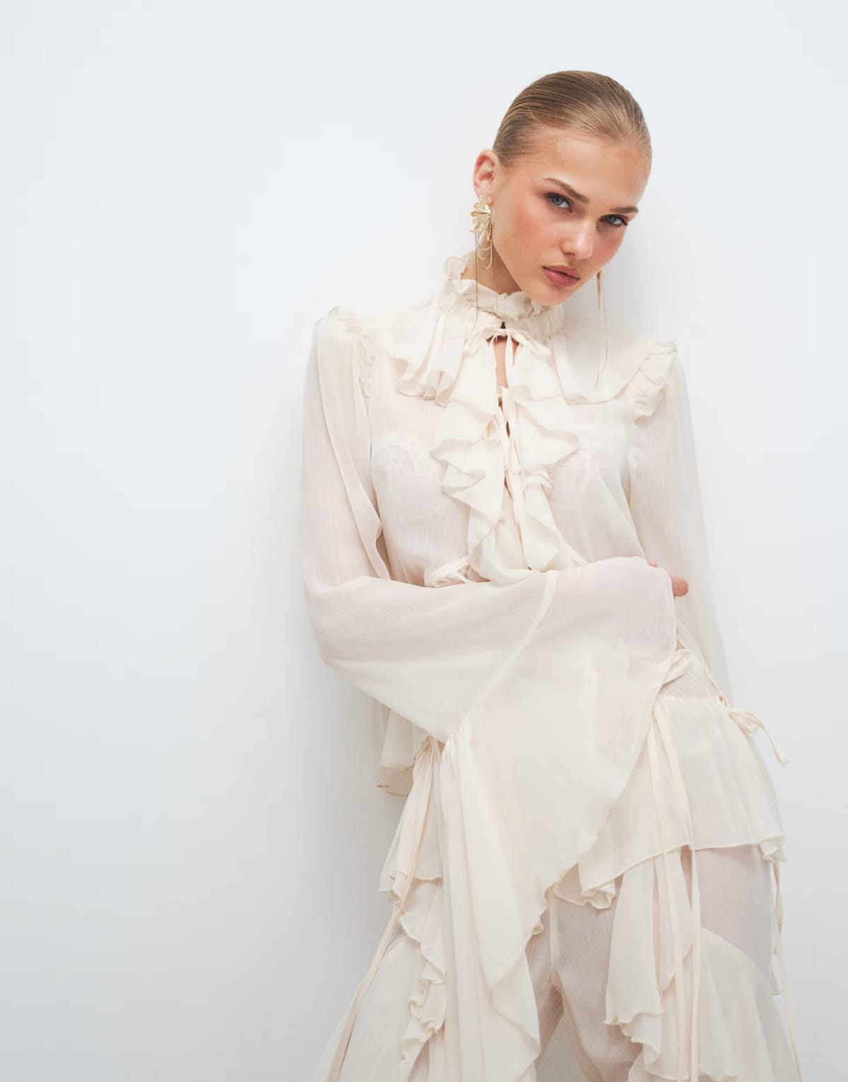 ASOS Noughts & Kisses chiffon extreme ruffle blouse co-ord in cream - 1