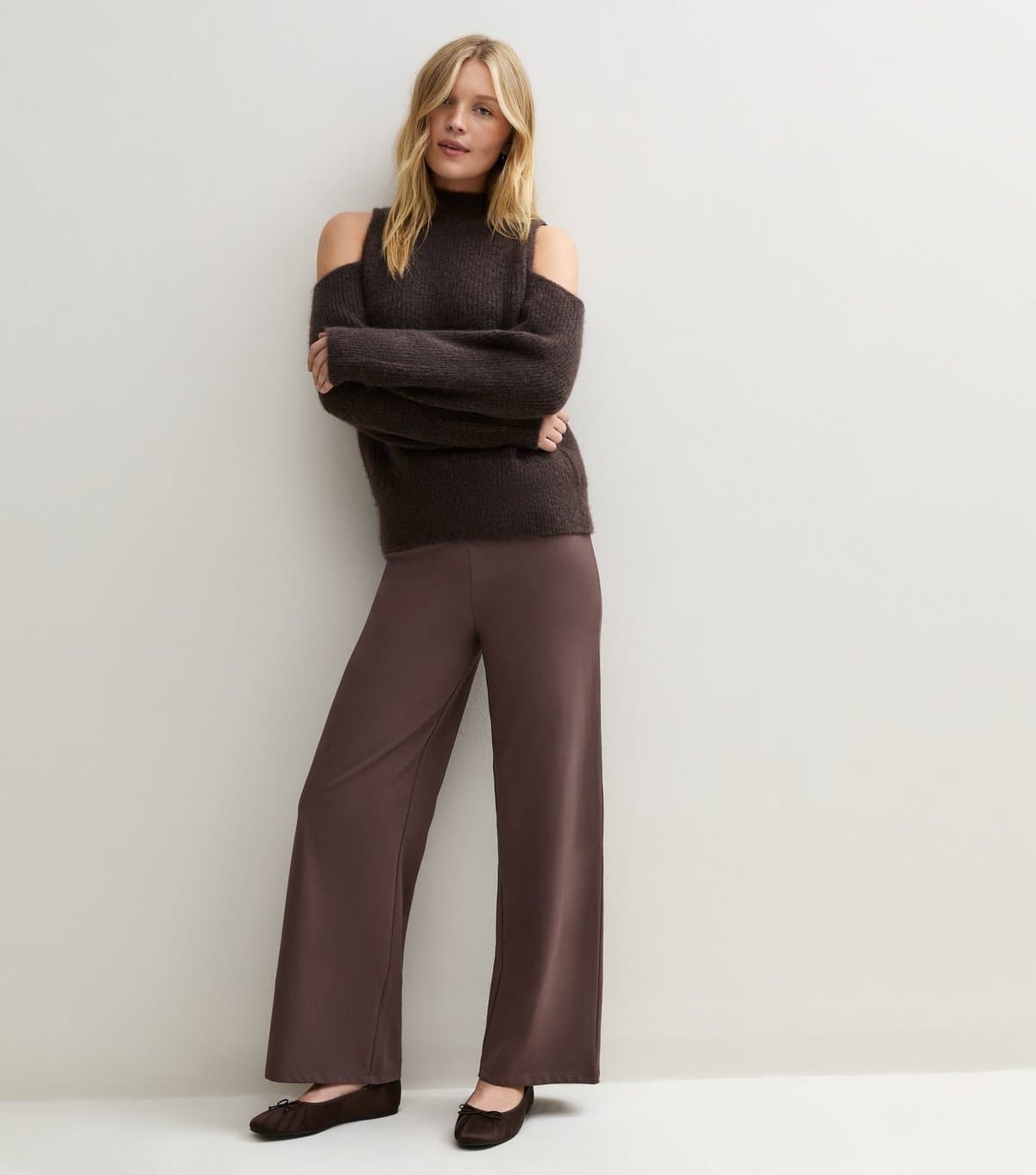 New Look Women's Brown High Waisted Stretch Cotton Jersey Wide Leg Leggings New Look
