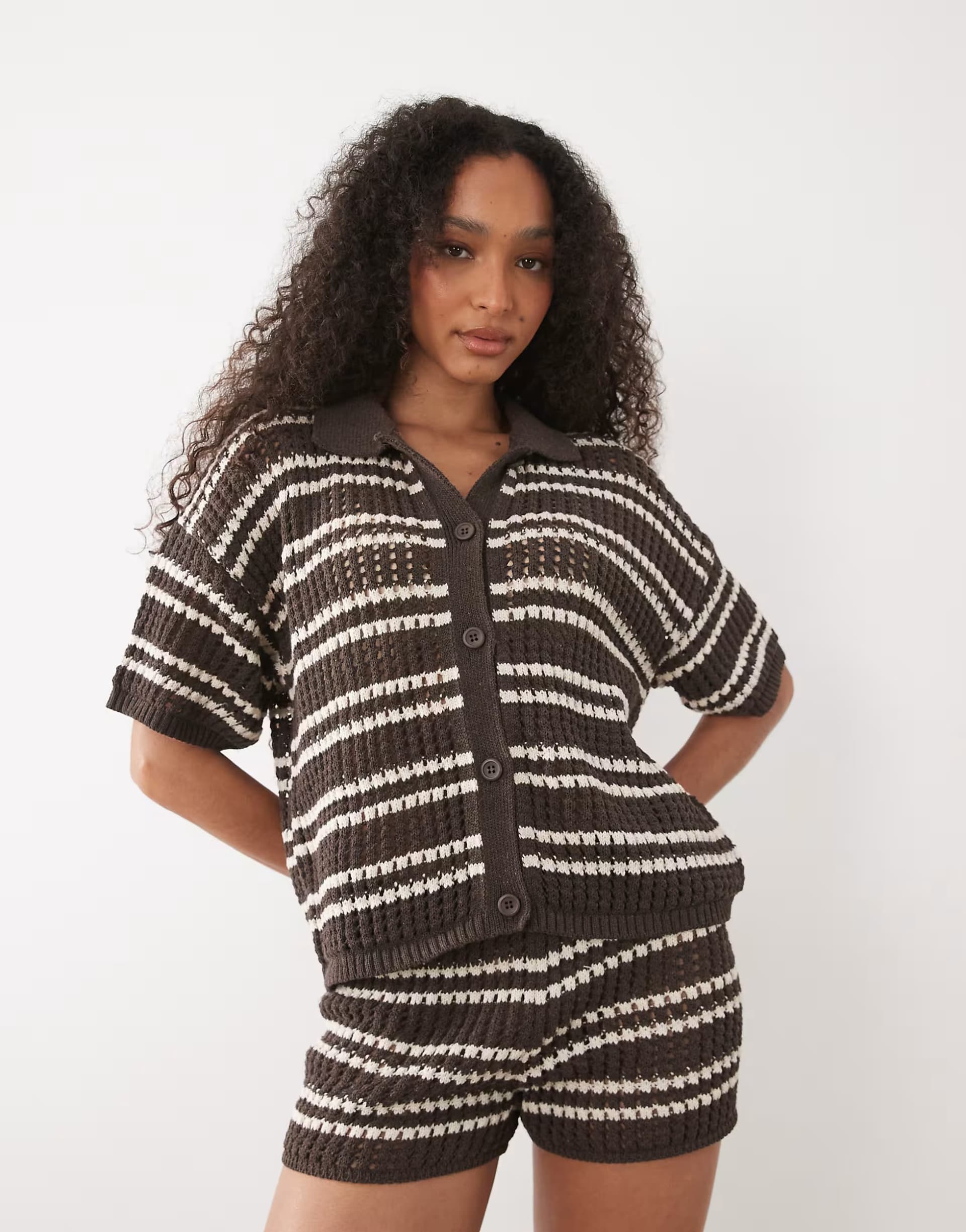 ASOS ASOS DESIGN crochet knit shirt co-ord in brown stripe