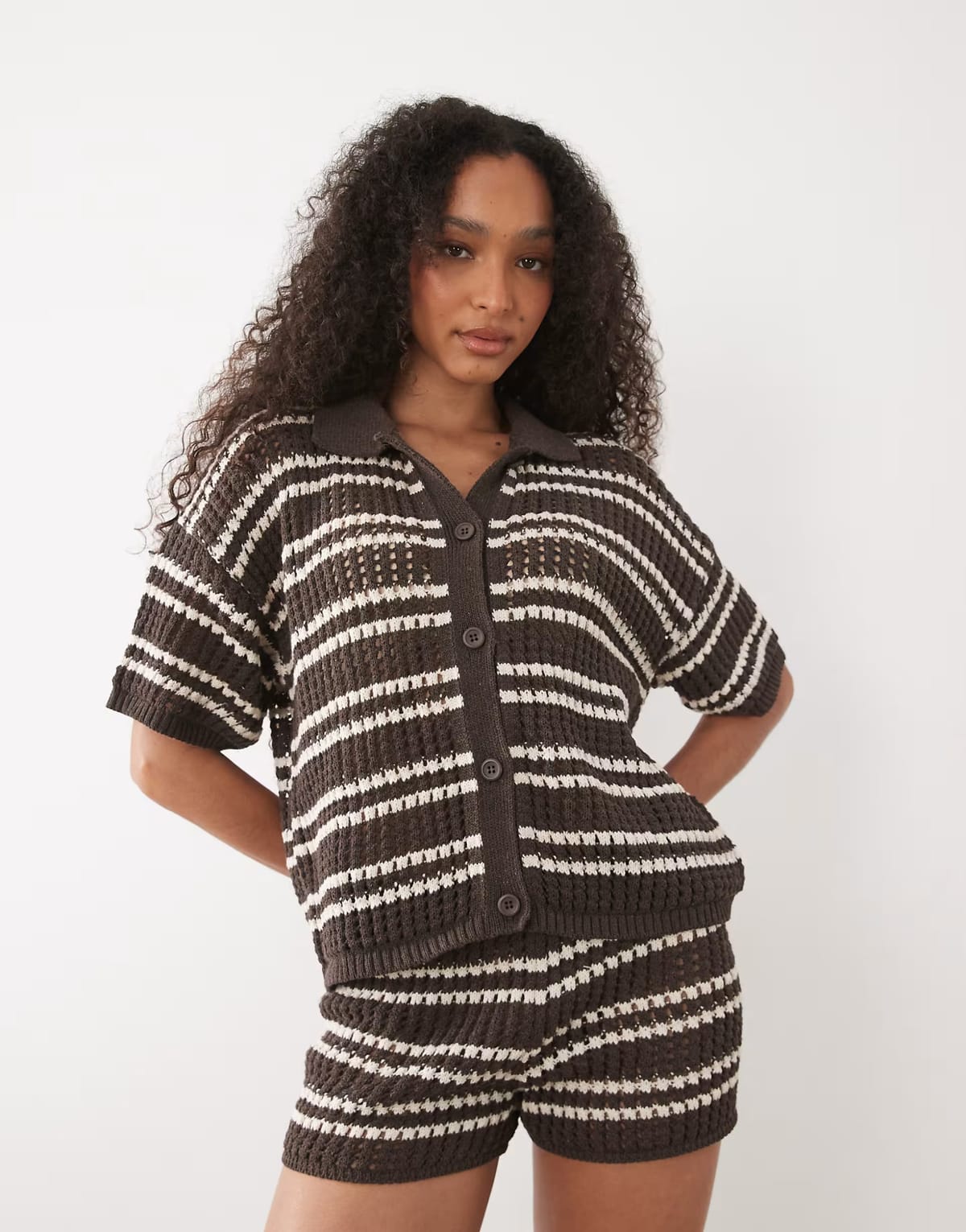 ASOS ASOS DESIGN crochet knit shirt co-ord in brown stripe - 1
