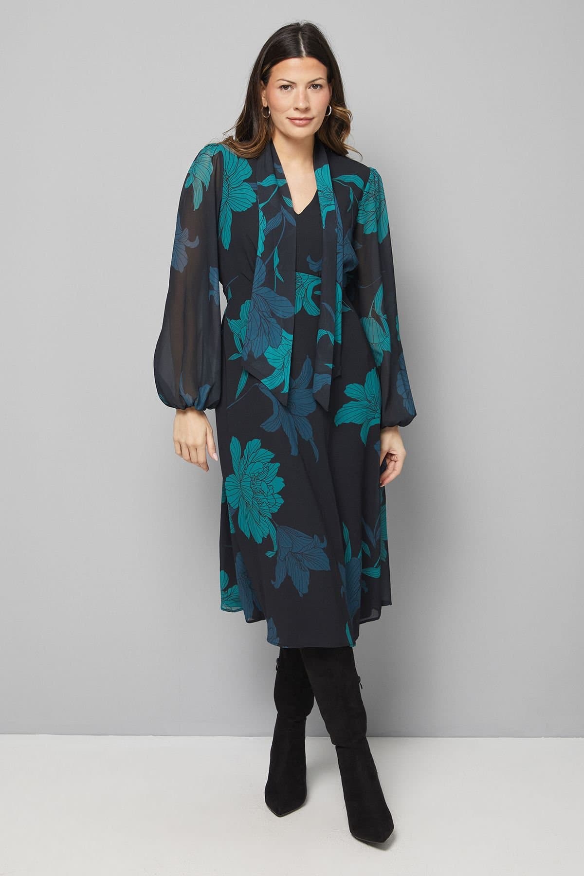 Wallis Wallis Women's Black Floral Pussybow Tie Neck Midi Dress