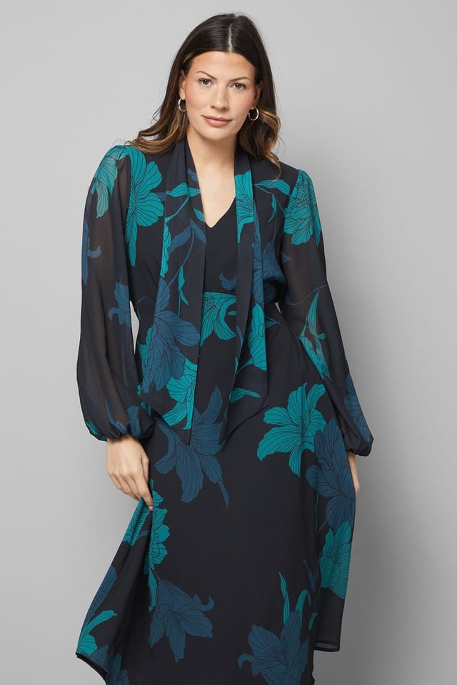 Wallis Wallis Women's Black Floral Pussybow Tie Neck Midi Dress - 2