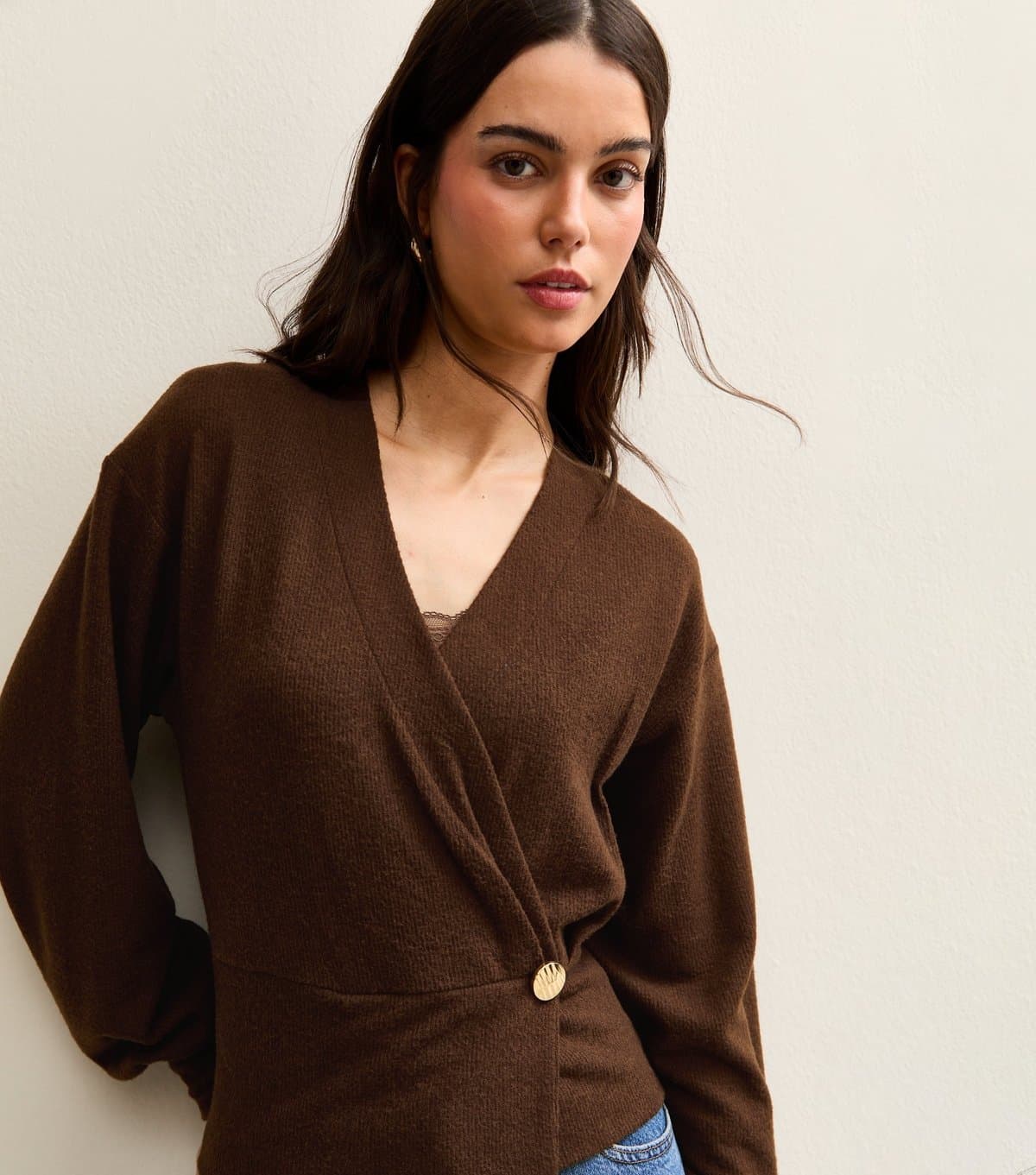 New Look Women's Dark Brown Wrap Top New Look