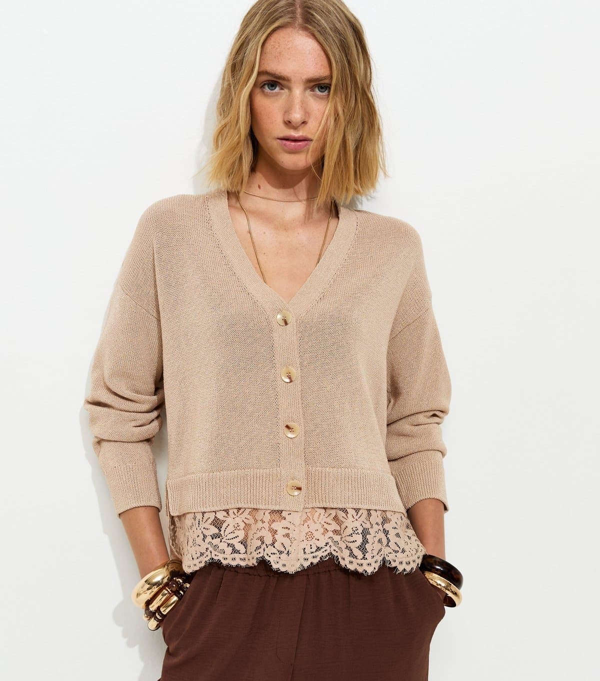 New Look Women's Stone Lace Trim V-Neck Cardigan New Look