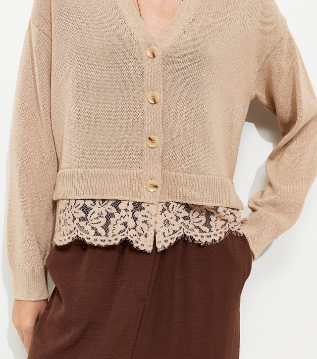 New Look Women's Stone Lace Trim V-Neck Cardigan New Look - 2