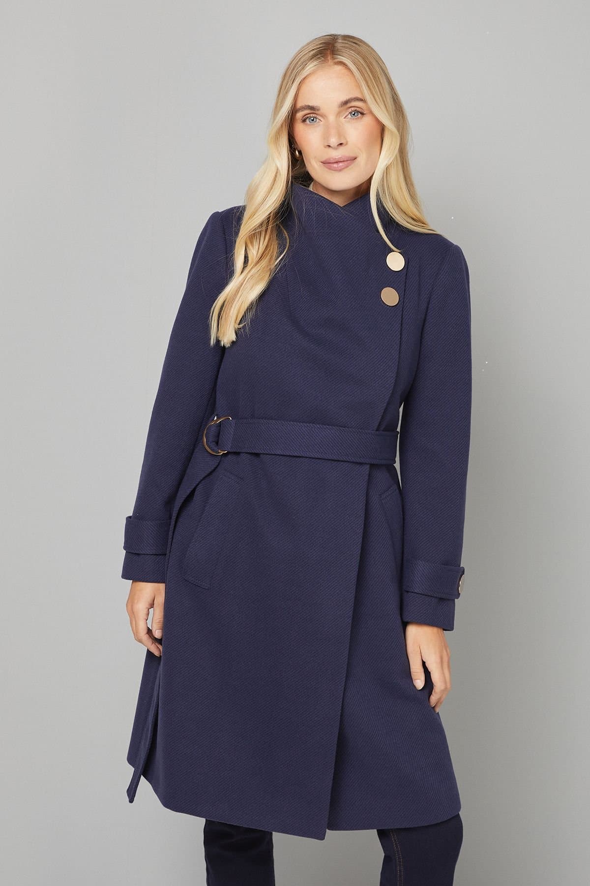Wallis Wallis Women's Petite Funnel Neck Tie Belt Coat in Navy