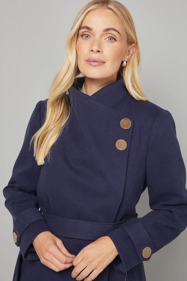 Wallis Wallis Women's Petite Funnel Neck Tie Belt Coat in Navy - 2