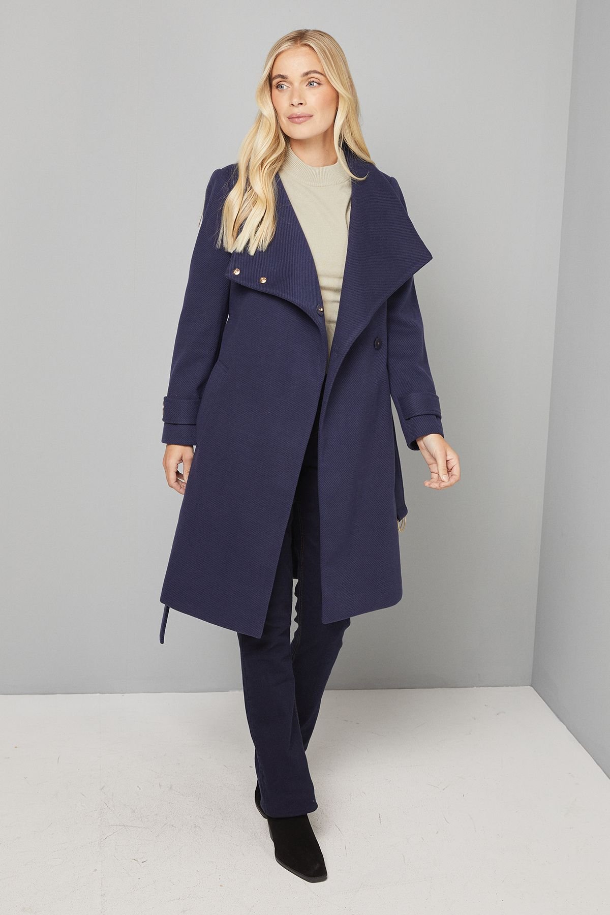Wallis Wallis Women's Petite Funnel Neck Tie Belt Coat in Navy - 4