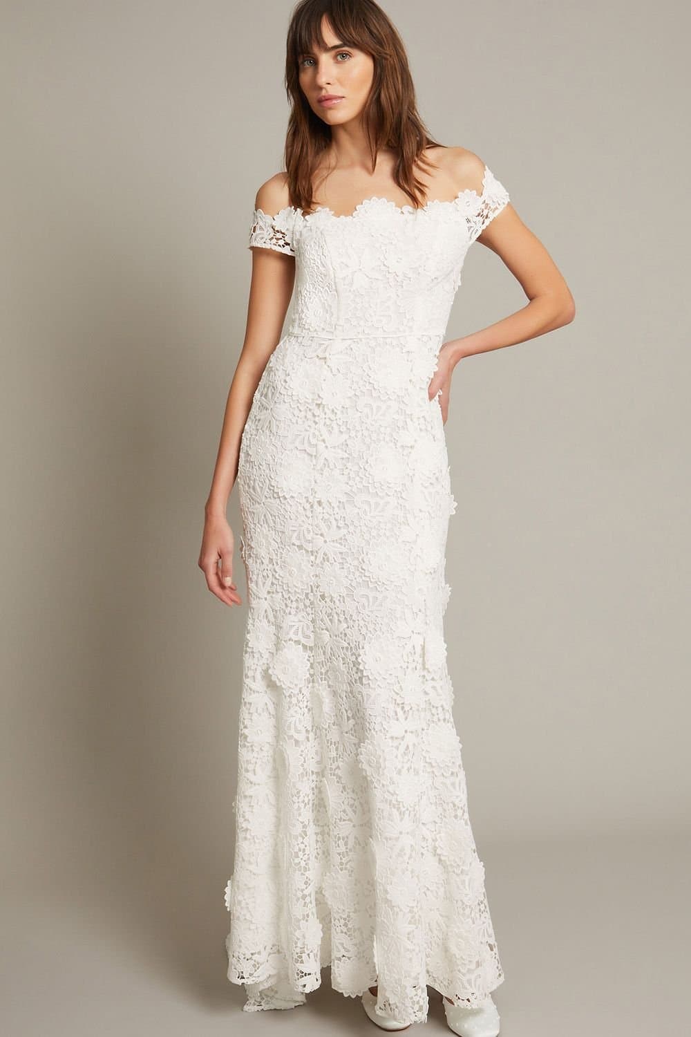 Monsoon Monsoon Women's Clare Floral Embroidered Bardot Wedding Dress Ivory