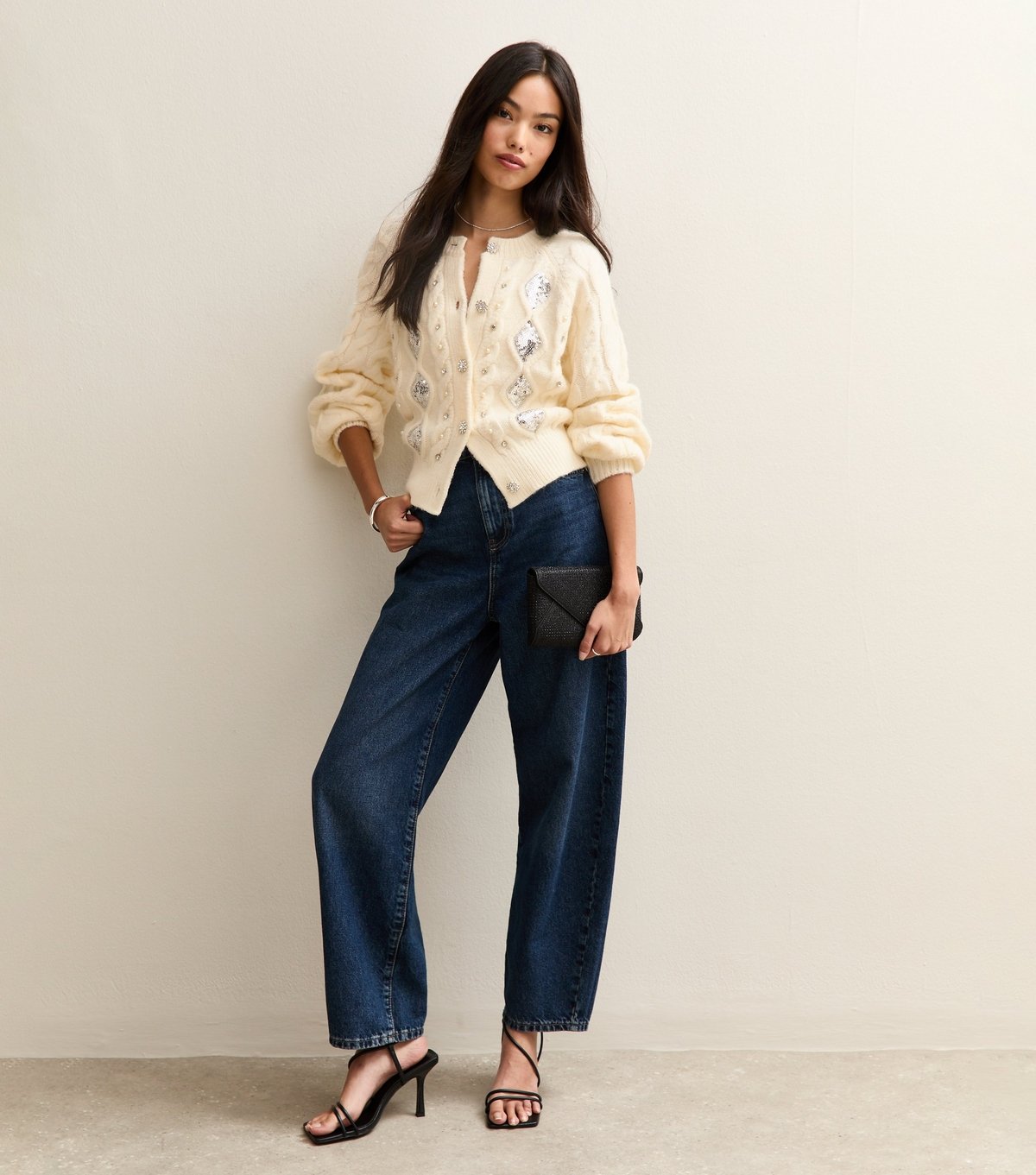 New Look Women's Off White Cable Knit Sequin Embellished Cardigan New Look - 2