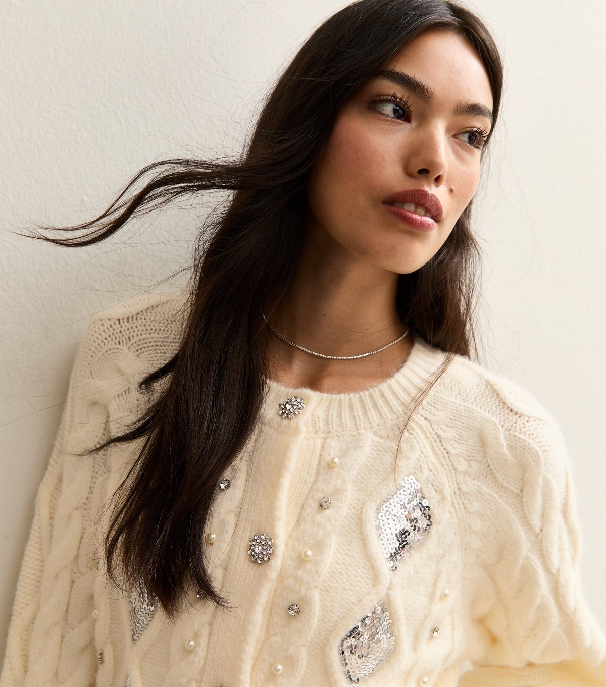 New Look Women's Off White Cable Knit Sequin Embellished Cardigan New Look - 3
