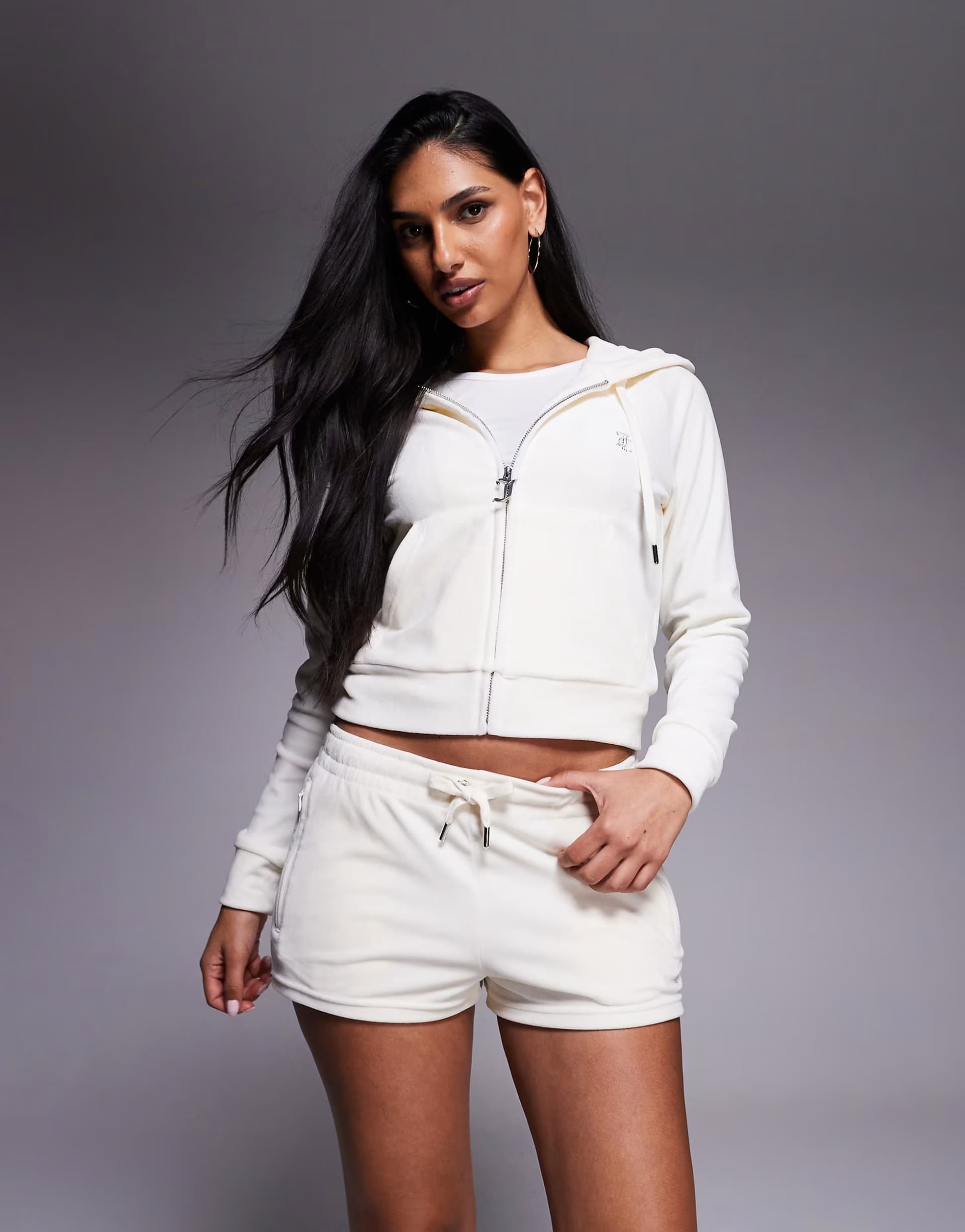 ASOS Juicy Couture co-ord velour diamante logo drawstring shorts in white