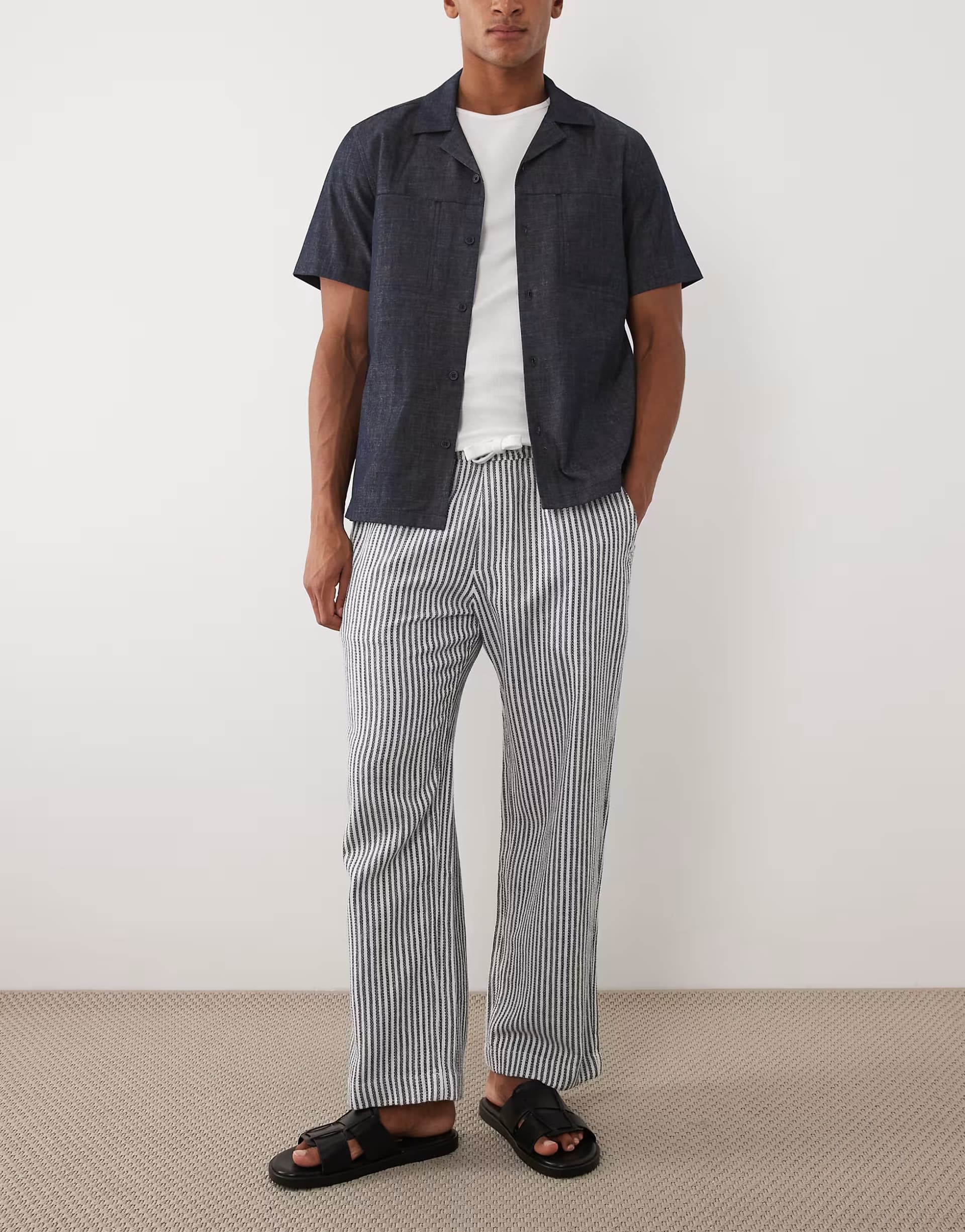 ASOS Abercrombie & Fitch linen blend baggy fit trousers in white and black pinstripe