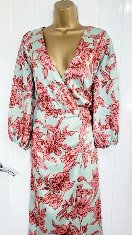 Zara ZARA size 8 10 12 Small Ladies mint & pink satin faux wrap midi dress holiday VG