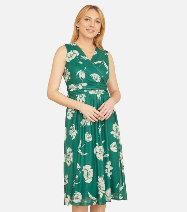Yumi Women's Green Floral Sleeveless Wrap Midi Dress Yumi New Look - 2