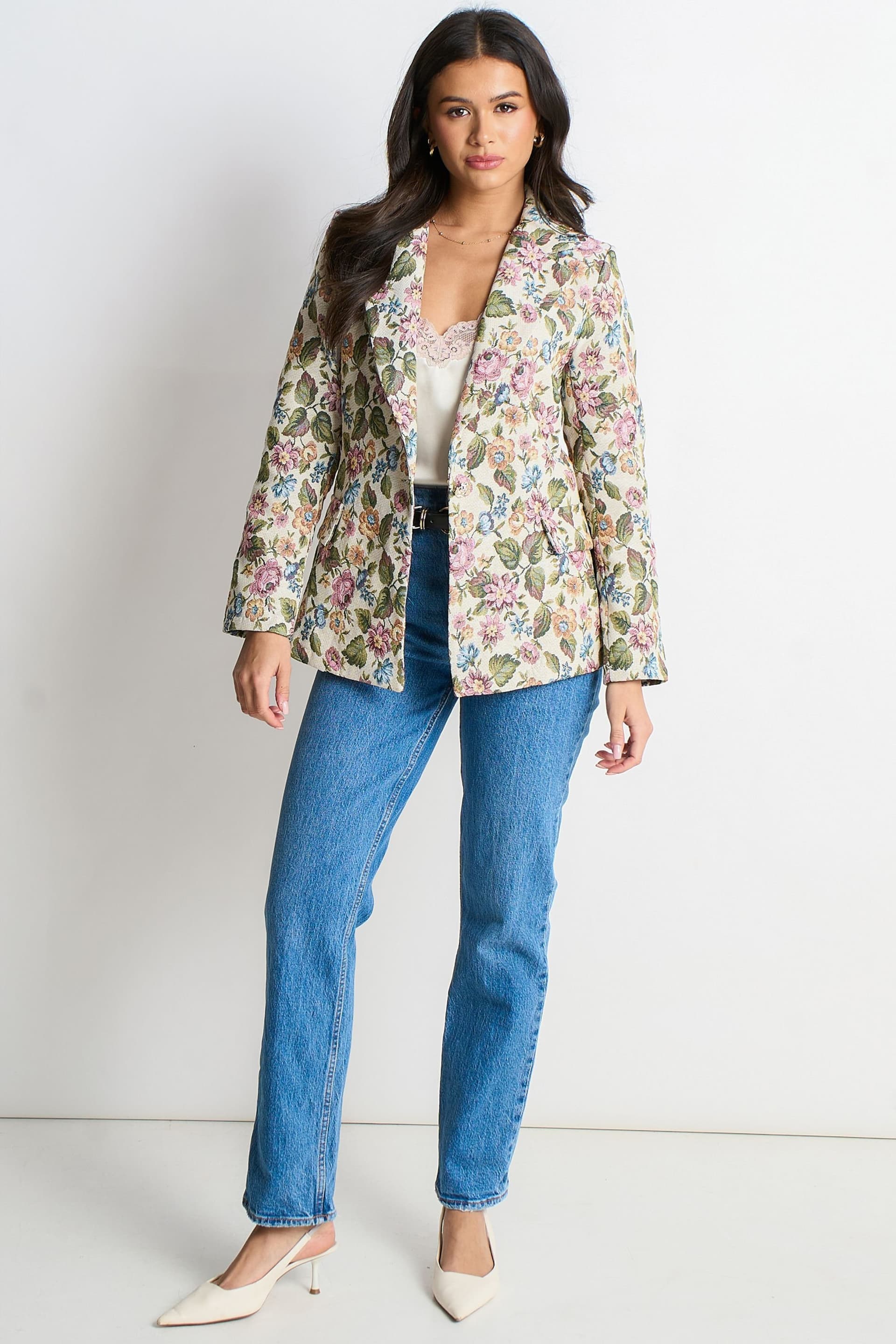 Gini London Gini London Women's Beige Floral Jacquard Tailored Jacket