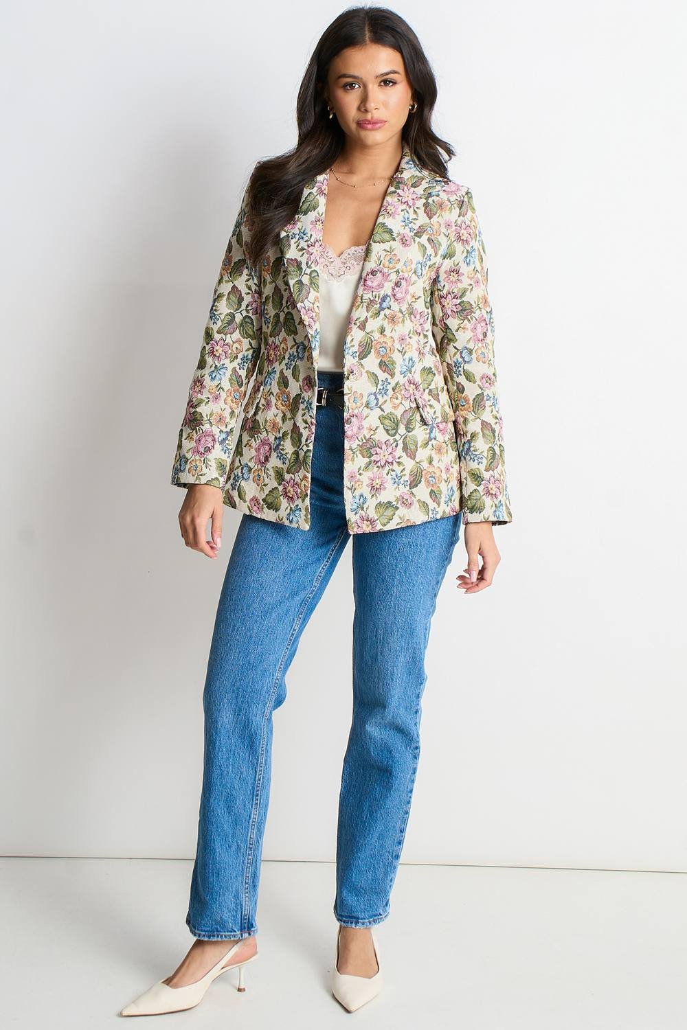 Gini London Gini London Women's Beige Floral Jacquard Tailored Jacket - 3