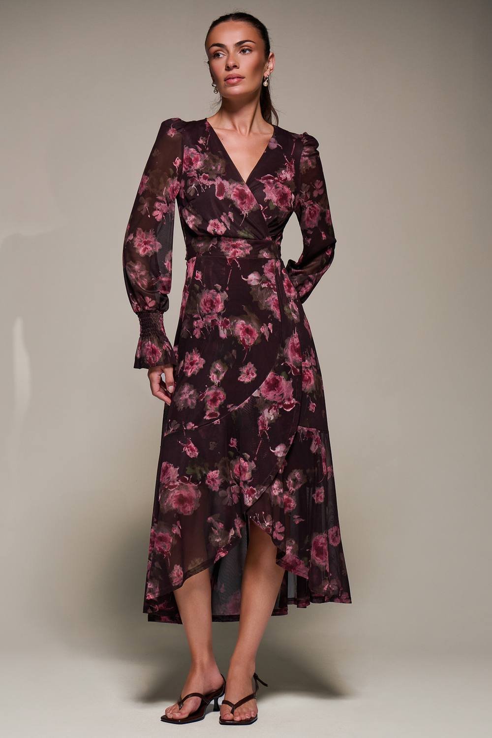 Jolie Moi Jolie Moi Women's Ruffle Cuffed Sleeve Frill Mesh Maxi Dress in Burgundy - 3