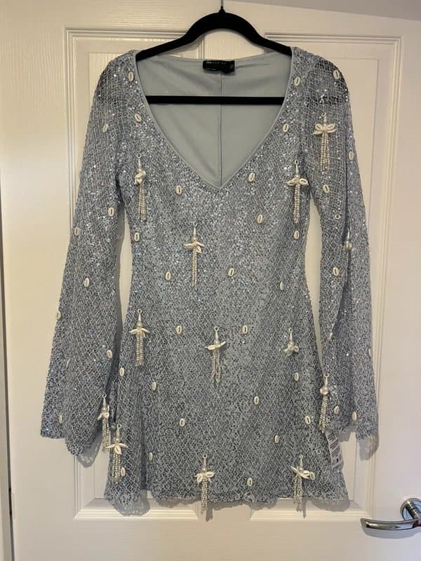 ASOS ASOS shell embellished sequin long sleeve v-neck mini dress with 3D fringe details in baby blue