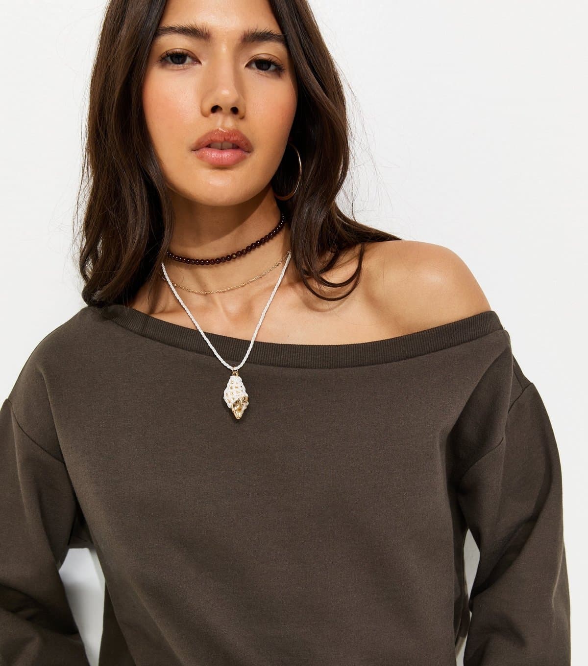 New Look Women's Dark Brown Jersey Off Shoulder Sweatshirt New Look