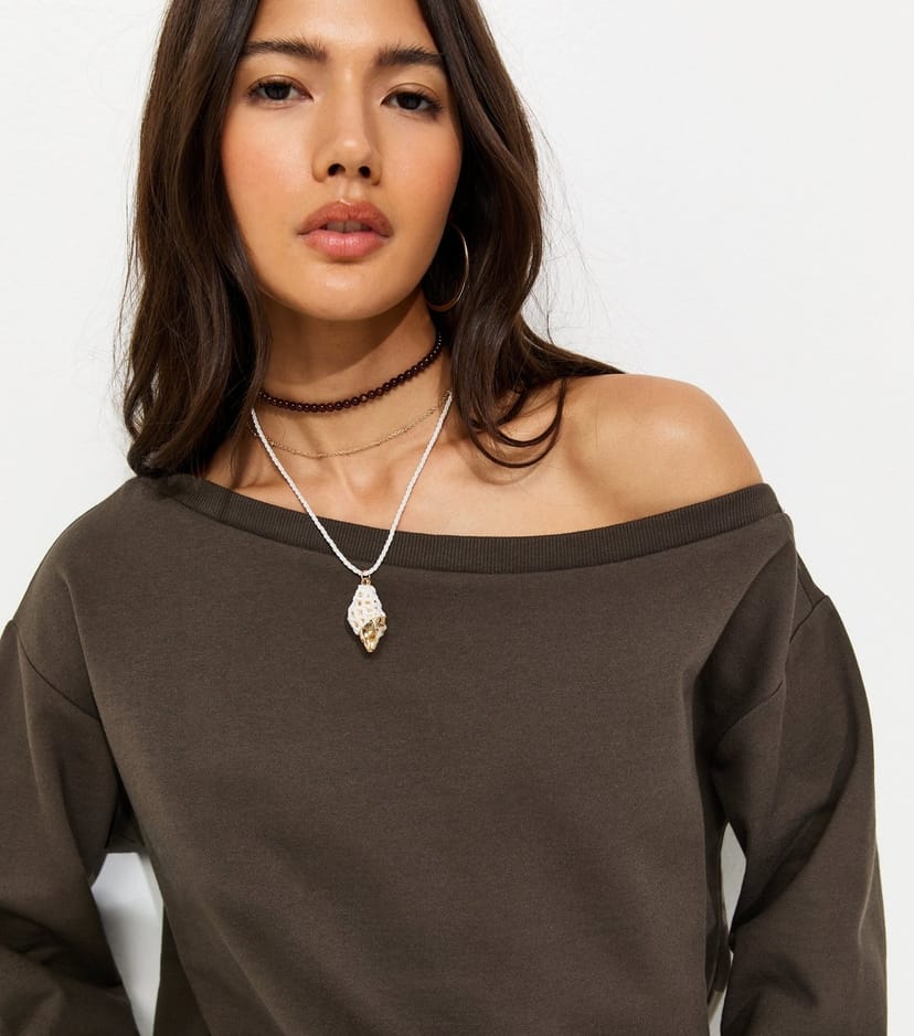 New Look Women's Dark Brown Jersey Off Shoulder Sweatshirt New Look - 1