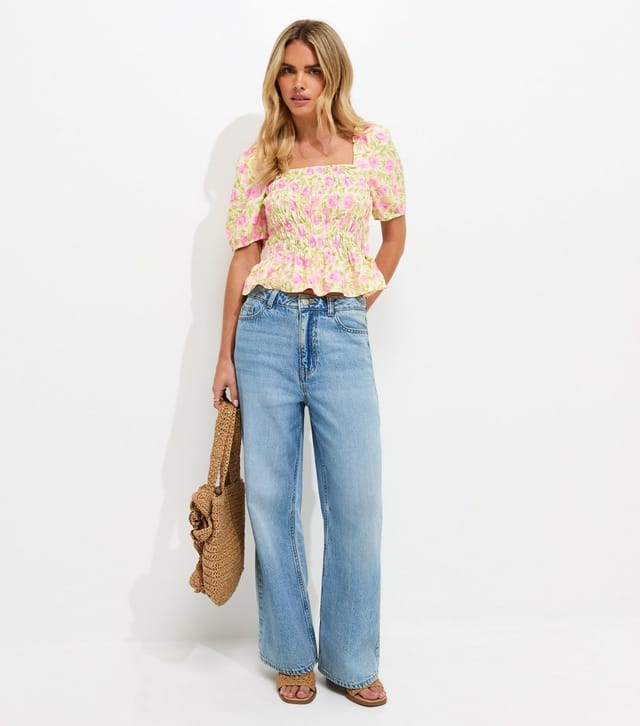 New Look Women's Petite Pink Rose Print Shirred Puff Sleeve Top New Look - 2