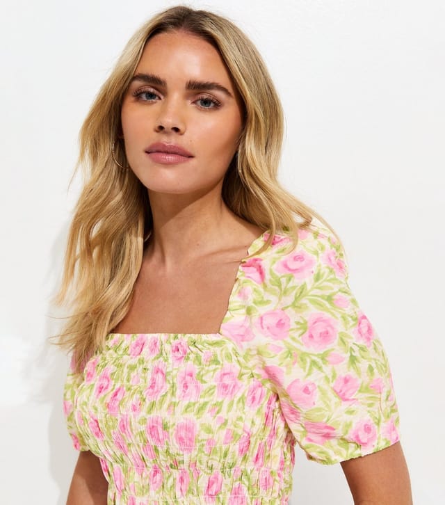 New Look Women's Petite Pink Rose Print Shirred Puff Sleeve Top New Look - 3