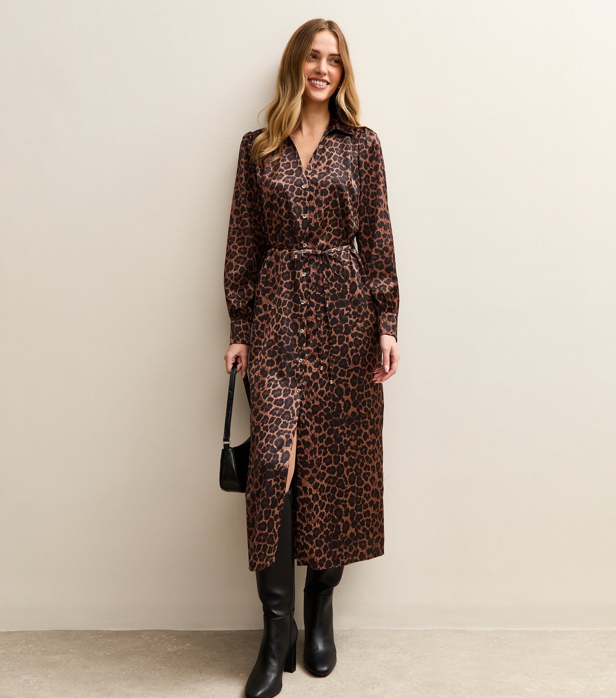 New Look Women's Brown Satin Animal Print Shirt Dress New Look - 3