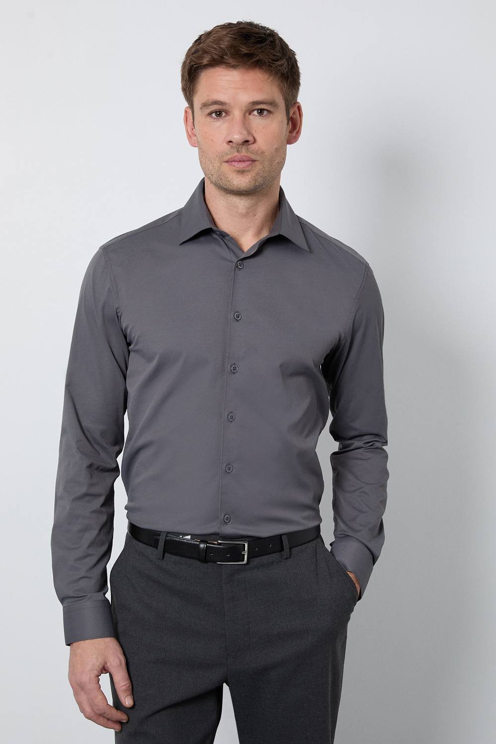 Burton Burton Men's Charcoal Easy Iron Slim Fit Long Sleeve Shirt - 2