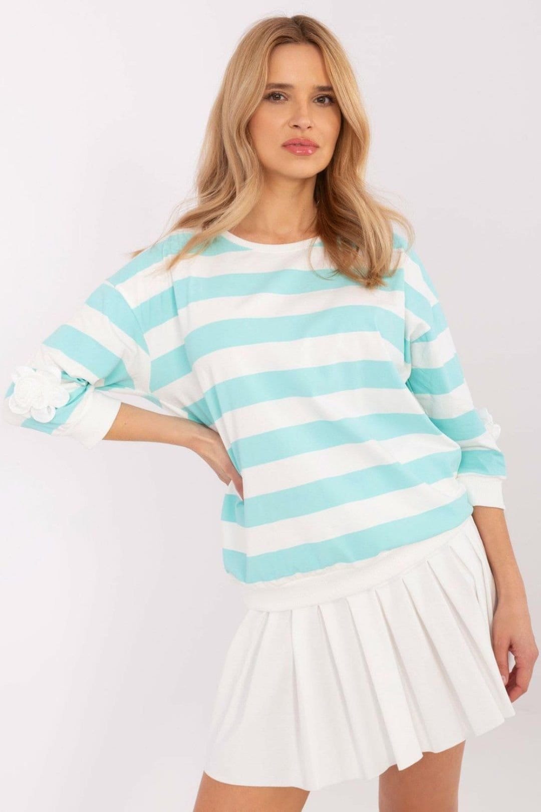 Love Lace Mint Stripe Cotton Blouse with Flower Sleeve Patches