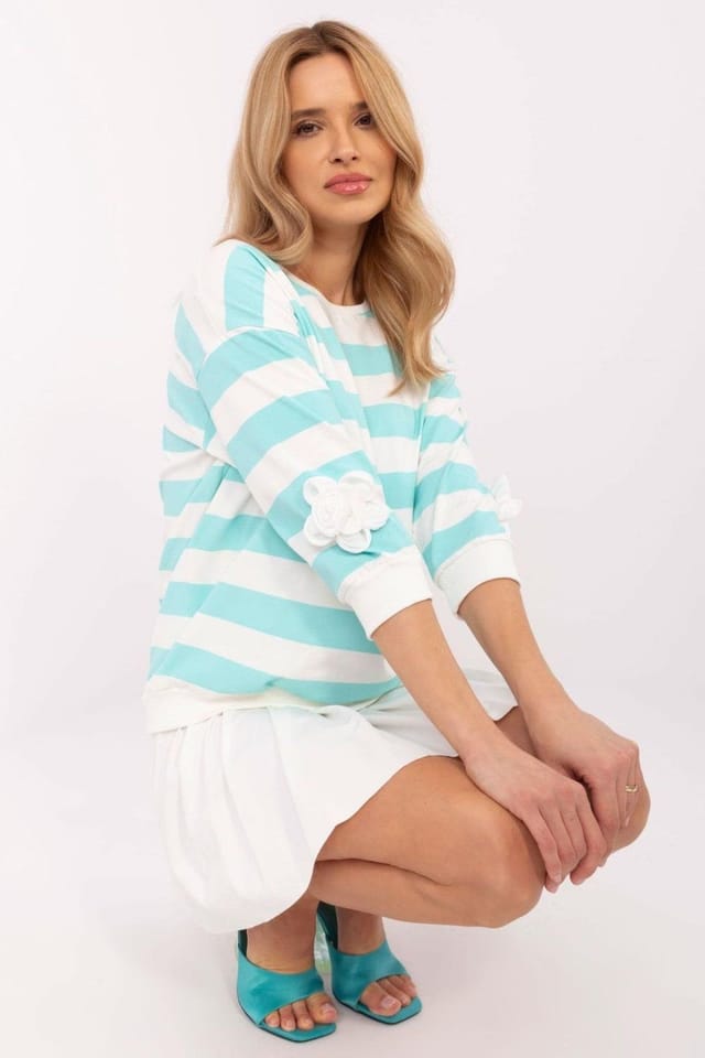 Love Lace Love Lace Women's Stripe Cotton Blouse with Flower Sleeve Patches in Mint - 2