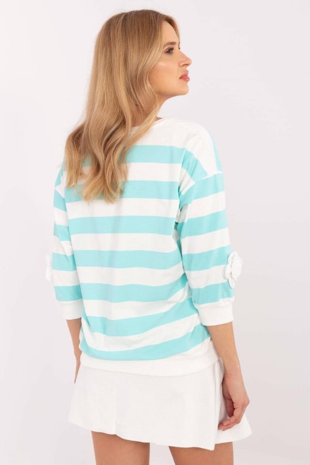 Love Lace Love Lace Women's Stripe Cotton Blouse with Flower Sleeve Patches in Mint - 3