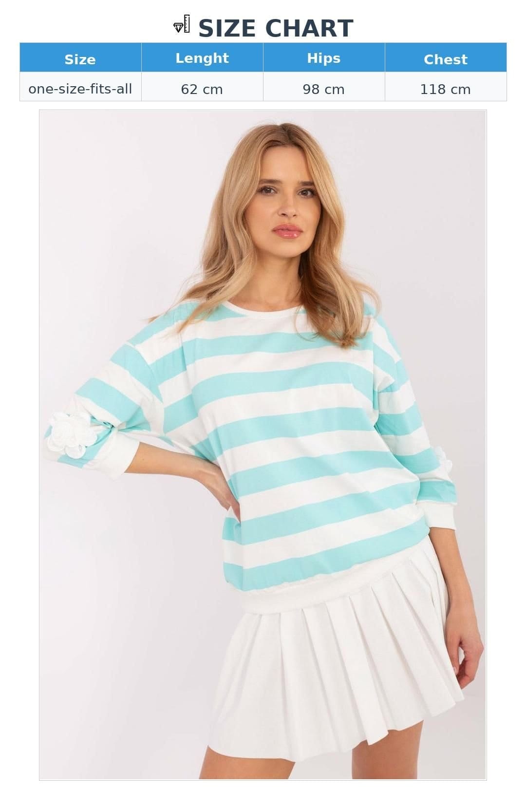 Love Lace Love Lace Women's Stripe Cotton Blouse with Flower Sleeve Patches in Mint - 4