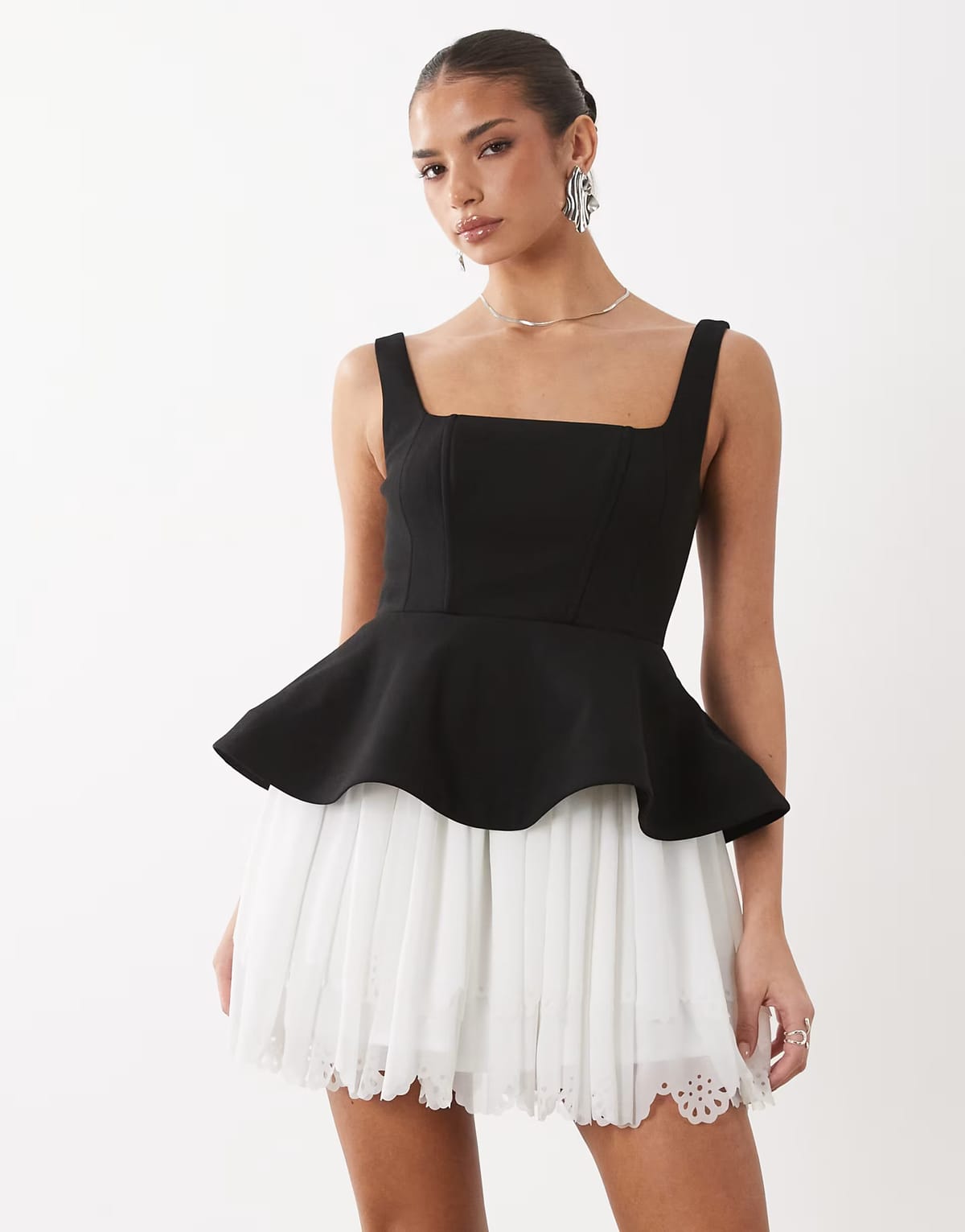 ASOS ASOS LUXE mini dress with broderie skirt in black and white - 1