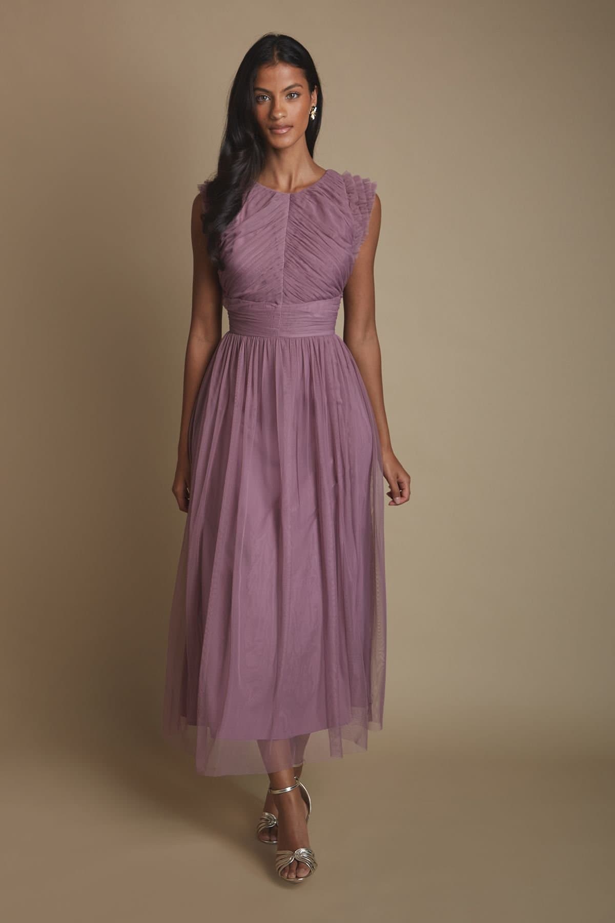 Oasis Oasis Women's Petite Pleat Bodice Ruffle Mesh Bridesmaid Midi Dress in Mauve